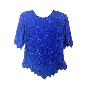 Vtg Laurence Kazar Silk Sequined Cobalt Blue Top Evening Wear S  S/S Formal